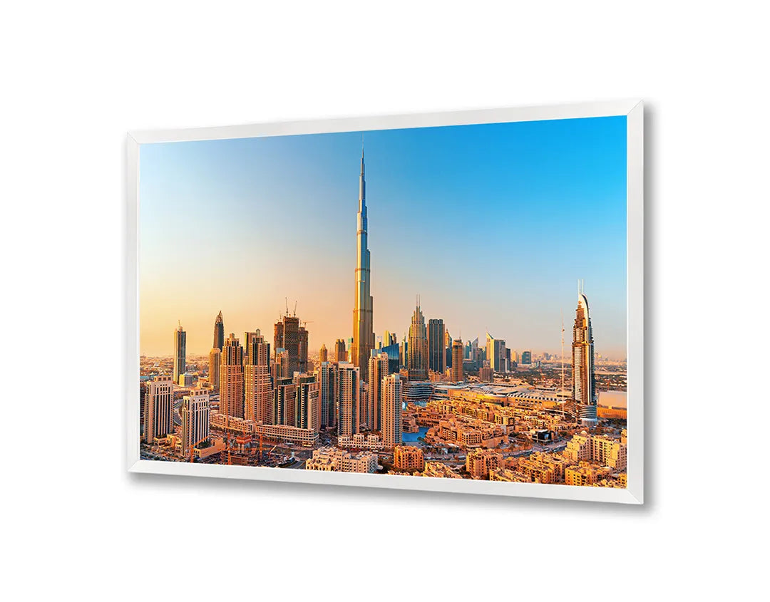 Metalen Magneetbord met afbeelding van Dubai skyline bij zonsondergang in warm goud kleuren