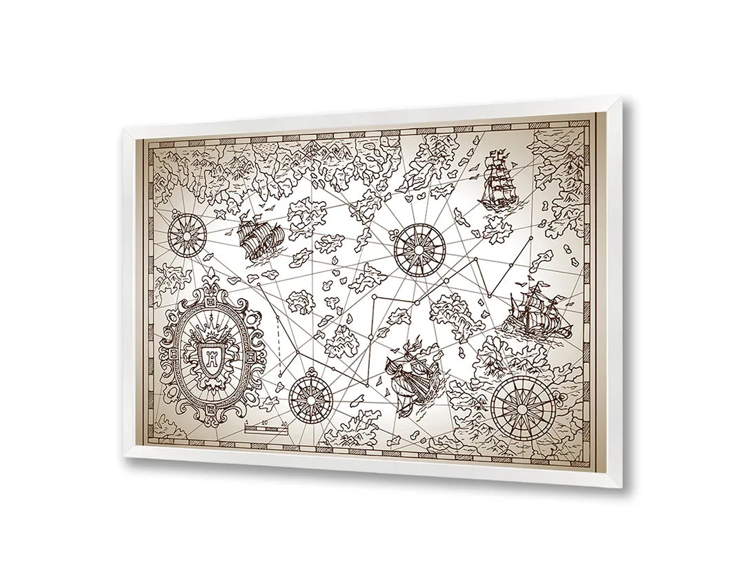 Metalen Magneetbord met afbeelding van tekeningen van piratenkaart elementen in sepia en bruin kleuren