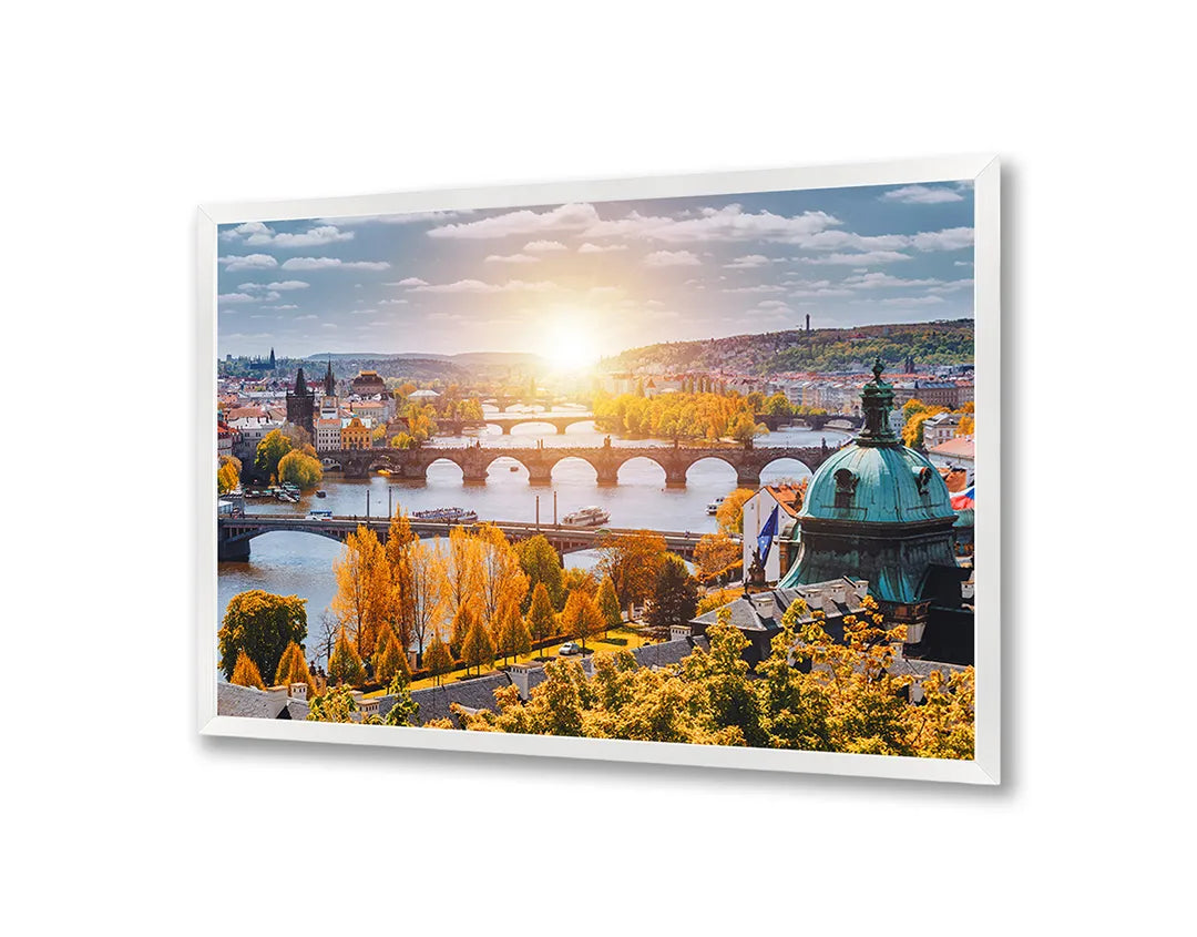Metalen Magneetbord met afbeelding van zonsondergang over een brug in Praag in warm stadslicht kleuren