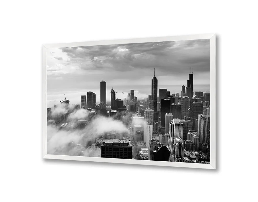 Metalen Magneetbord met afbeelding van New York skyline boven de wolken in zwart-wit kleuren