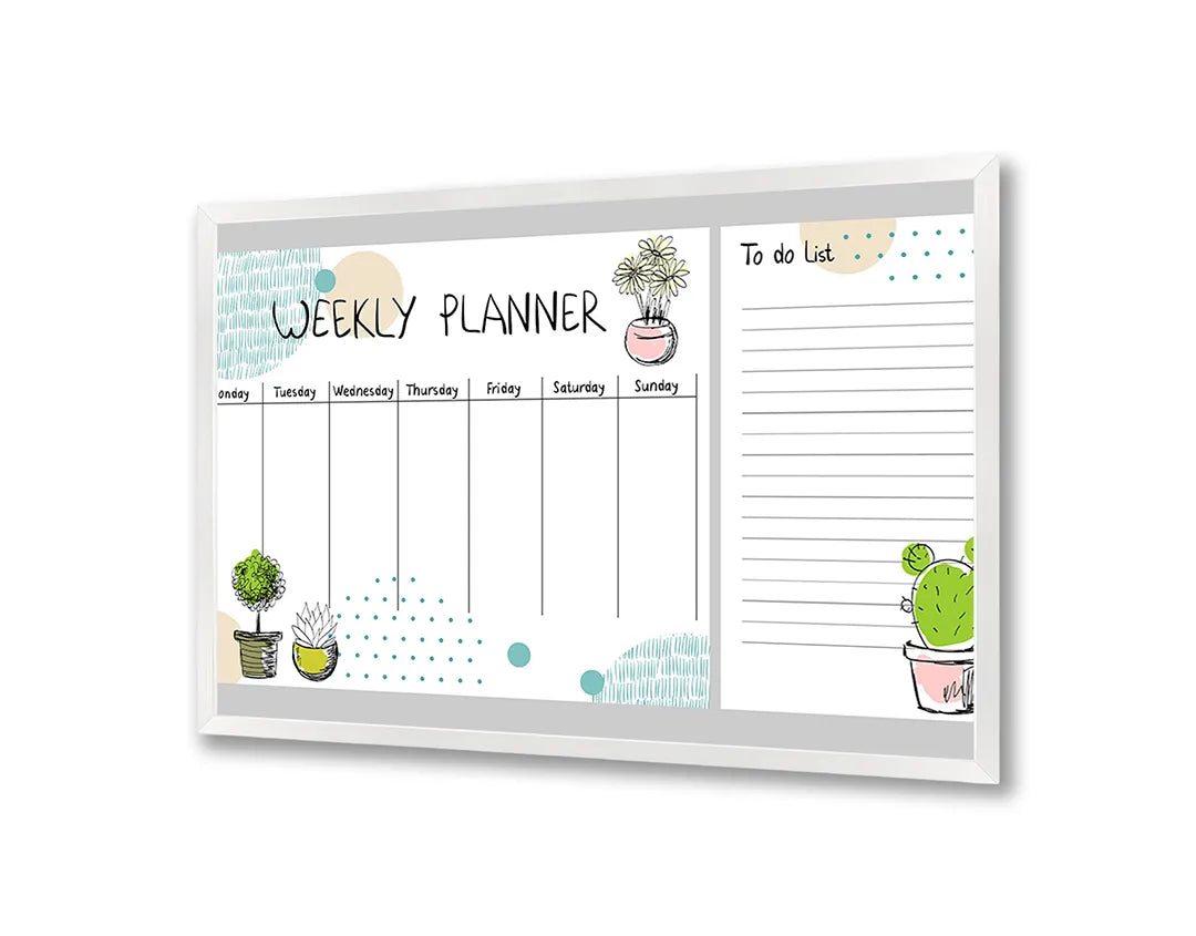 Metalen Magneetbord met afbeelding van weekplanner met schattige cactussen in wit met pastel groen kleuren