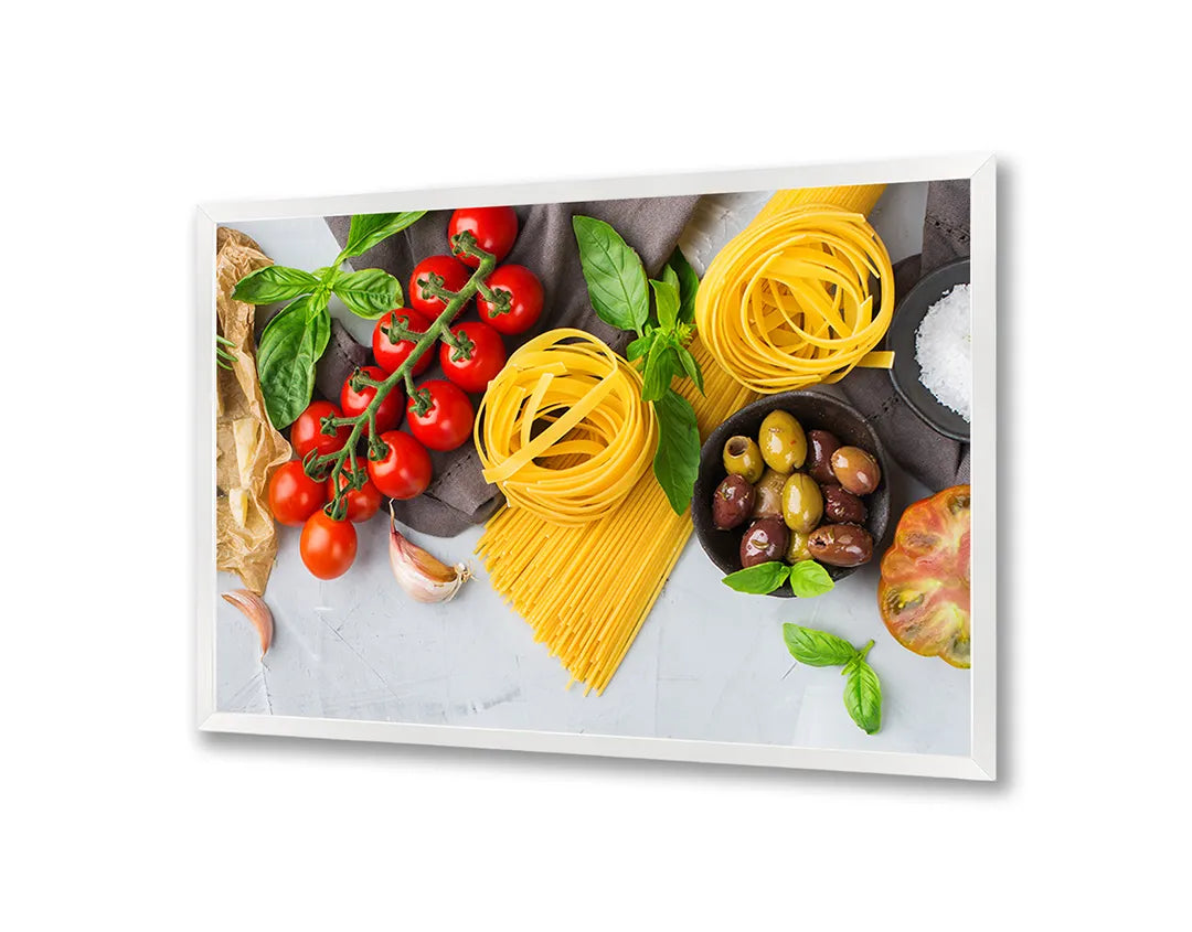 Metalen Magneetbord met afbeelding van pasta ingrediënten en tomaten in vers rood en geel kleuren