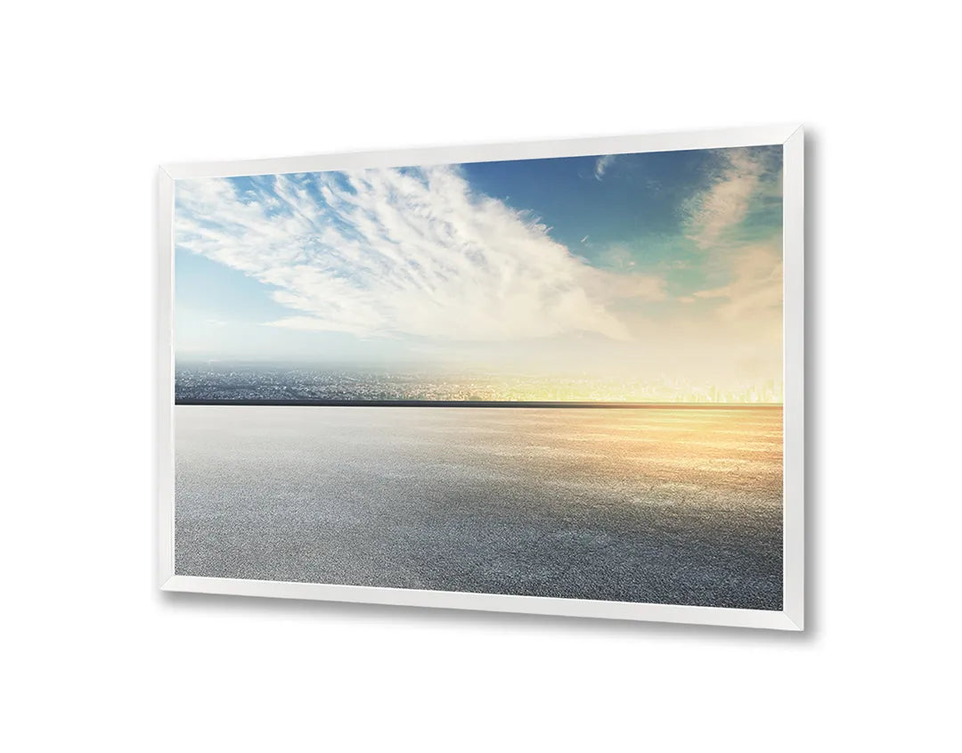 Metalen Magneetbord met afbeelding van vlak landschap met horizon in lichtblauw en grijs kleuren