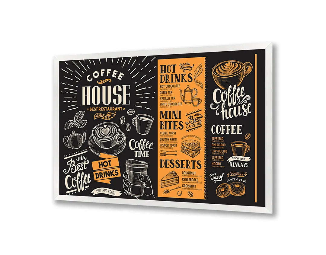 Metalen Magneetbord met afbeelding van koffiehuis krijtbord menu in zwart en oranje kleuren