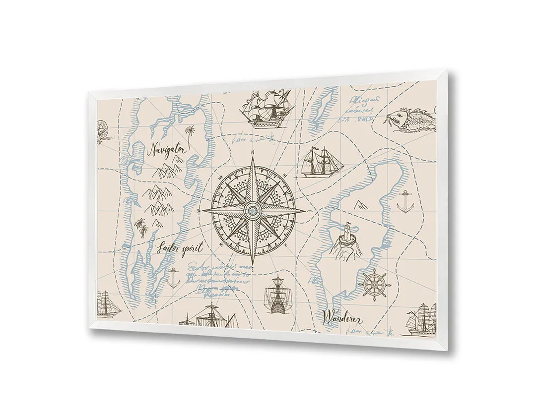 Metalen Magneetbord met afbeelding van vintage maritiem kompas met kaart in oud perkament kleuren