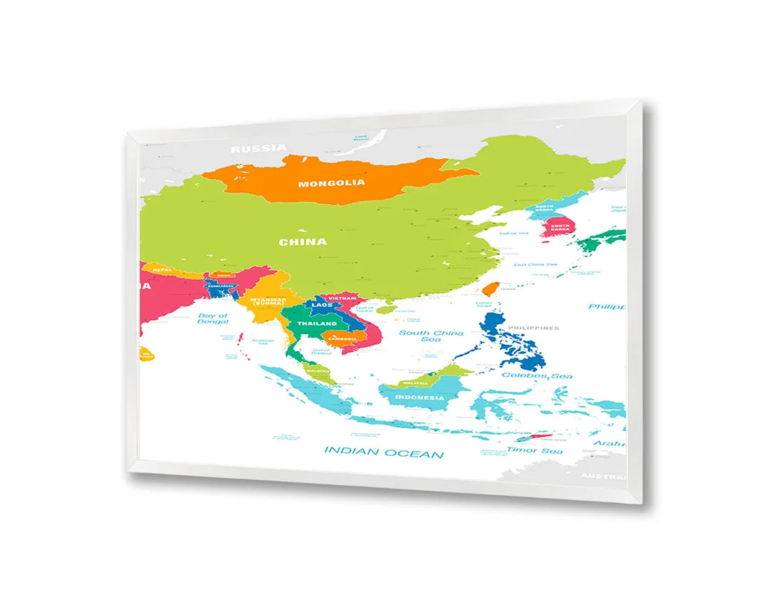 Metalen Magneetbord met afbeelding van kleurrijke landenkaart van Azië in diverse heldere kleuren kleuren