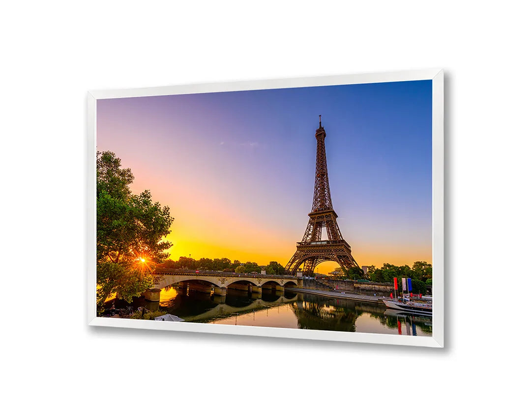 Metalen Magneetbord met afbeelding van Eiffeltoren aan de rivier in warme zonsondergang kleuren