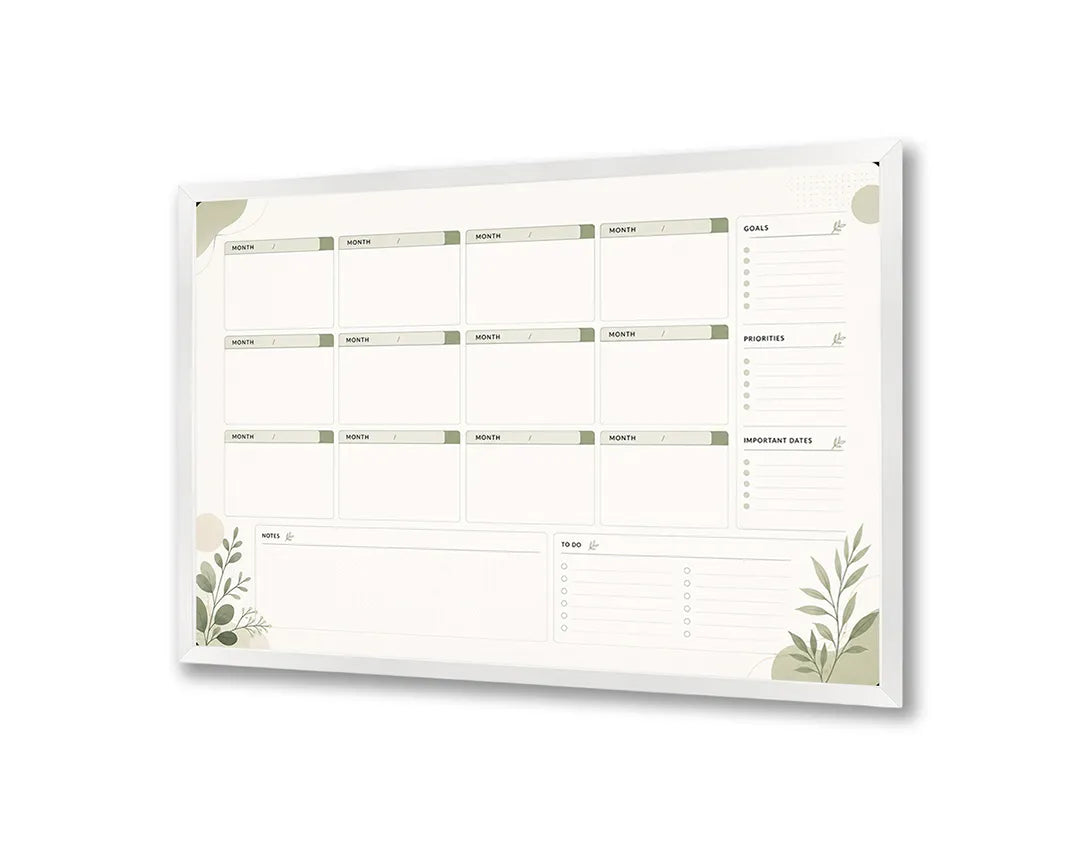 Metalen Magneetbord met overzichtelijke strakke planner omlijst door elegante groene botanische randen