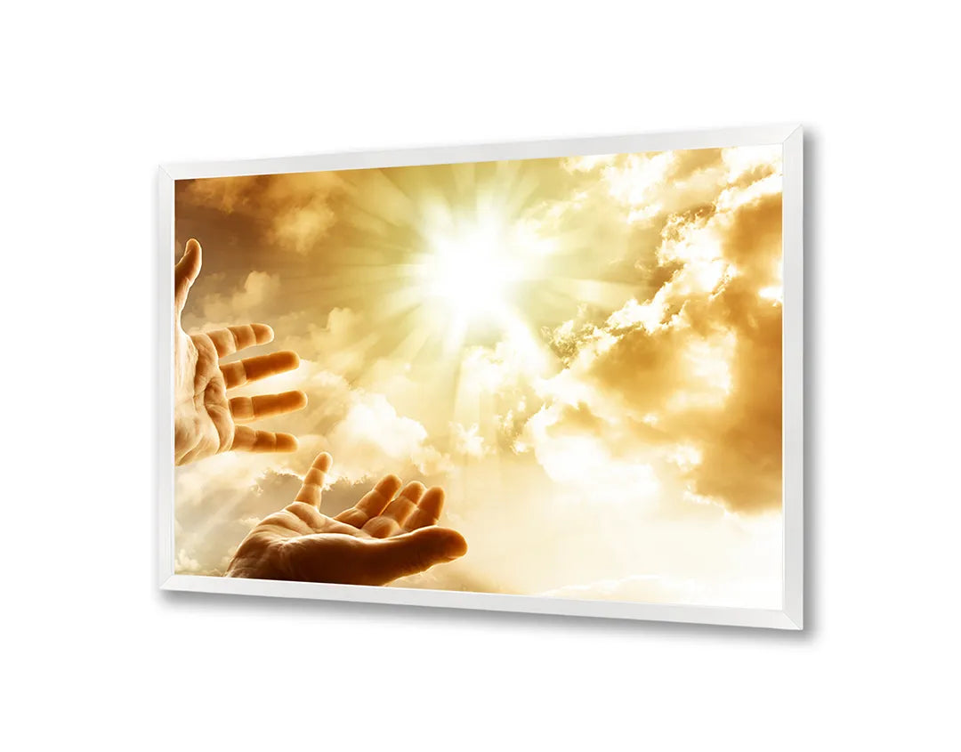 Metalen Magneetbord met afbeelding van handen reikend naar de zon in goud en geel kleuren