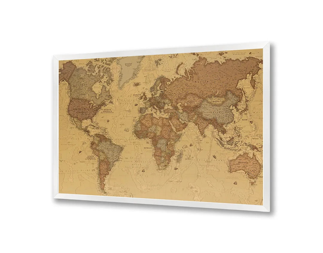 Metalen Magneetbord met afbeelding van klassieke wereldkaart in warm bruin kleuren