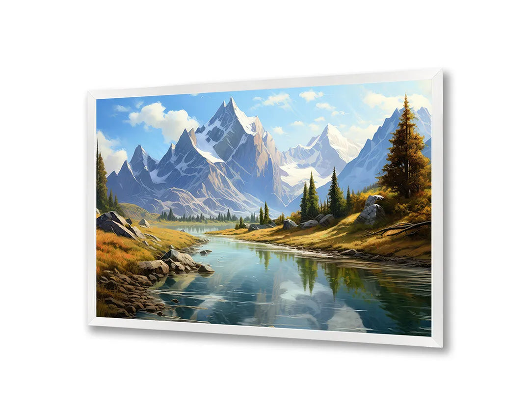 Metalen Magneetbord met print van Besneeuwde bergen en rivier perfect als decoratie