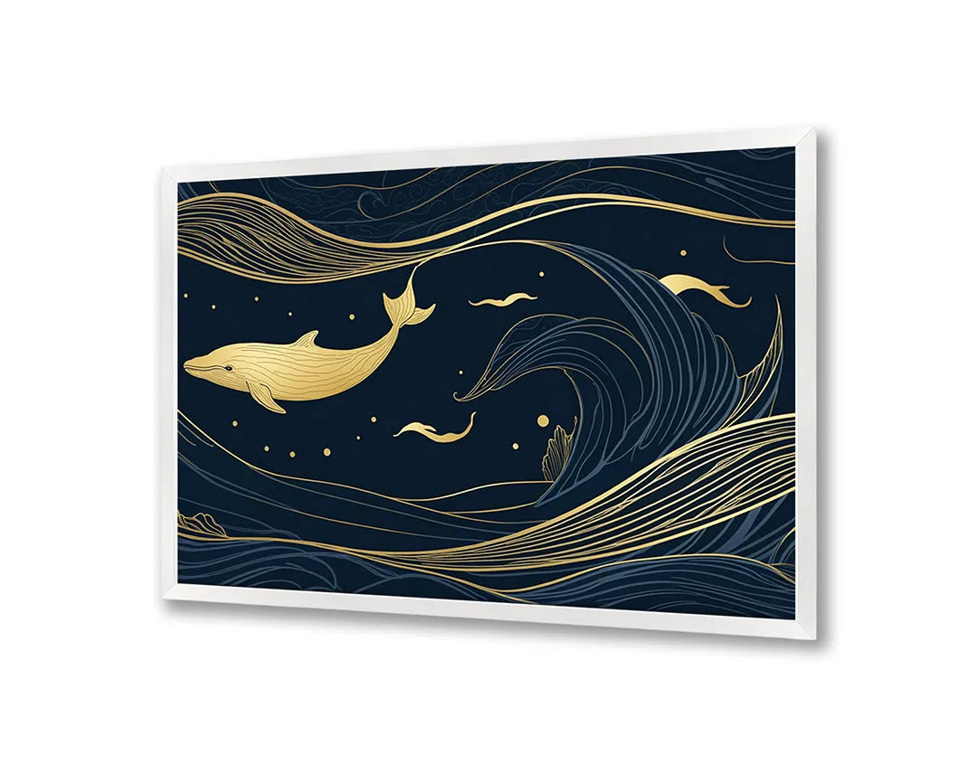 Metalen Magneetbord met print van Walvis illustratie goud op blauw perfect als decoratie