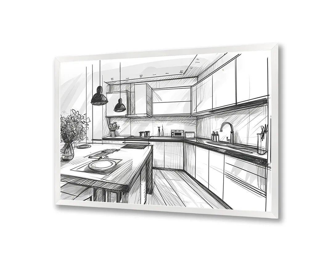 Metalen Magneetbord met print van Keuken schets zwart wit perfect als decoratie