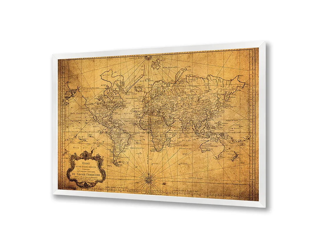 Metalen Magneetbord met afbeelding van verweerde vintage wereldkaart in geel en bruin kleuren