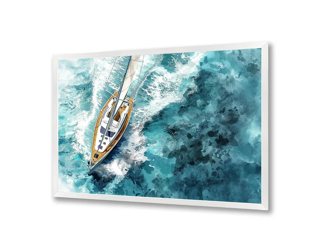 Metalen Magneetbord met hoogwaardige afbeelding van Bootje van bovenaf oceaan voor aan de muur