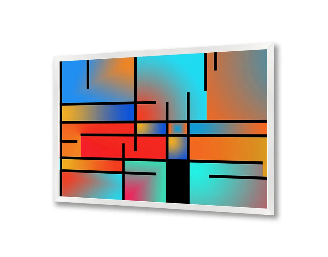 Metalen Magneetbord met afbeelding van abstracte Mondriaan stijl vlakken in rood, geel, blauw, zwart kleuren