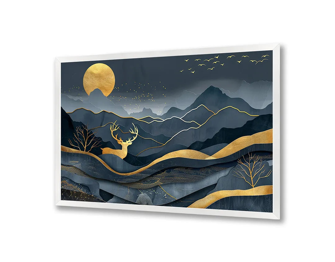 Metalen Magneetbord met hoogwaardige afbeelding van Gouden hert in bergen donkerblauw voor aan de muur