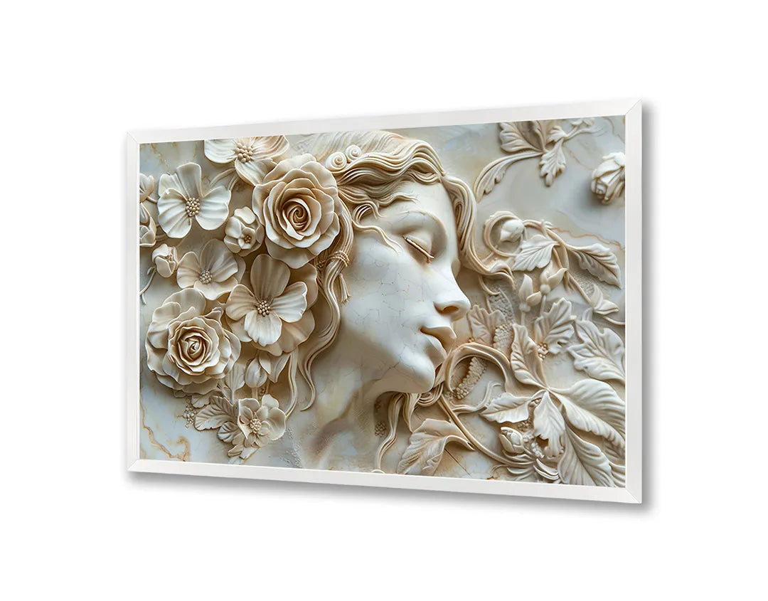 Metalen Magneetbord met hoogwaardige afbeelding van Vrouwengezicht bloemen relief wit voor aan de muur