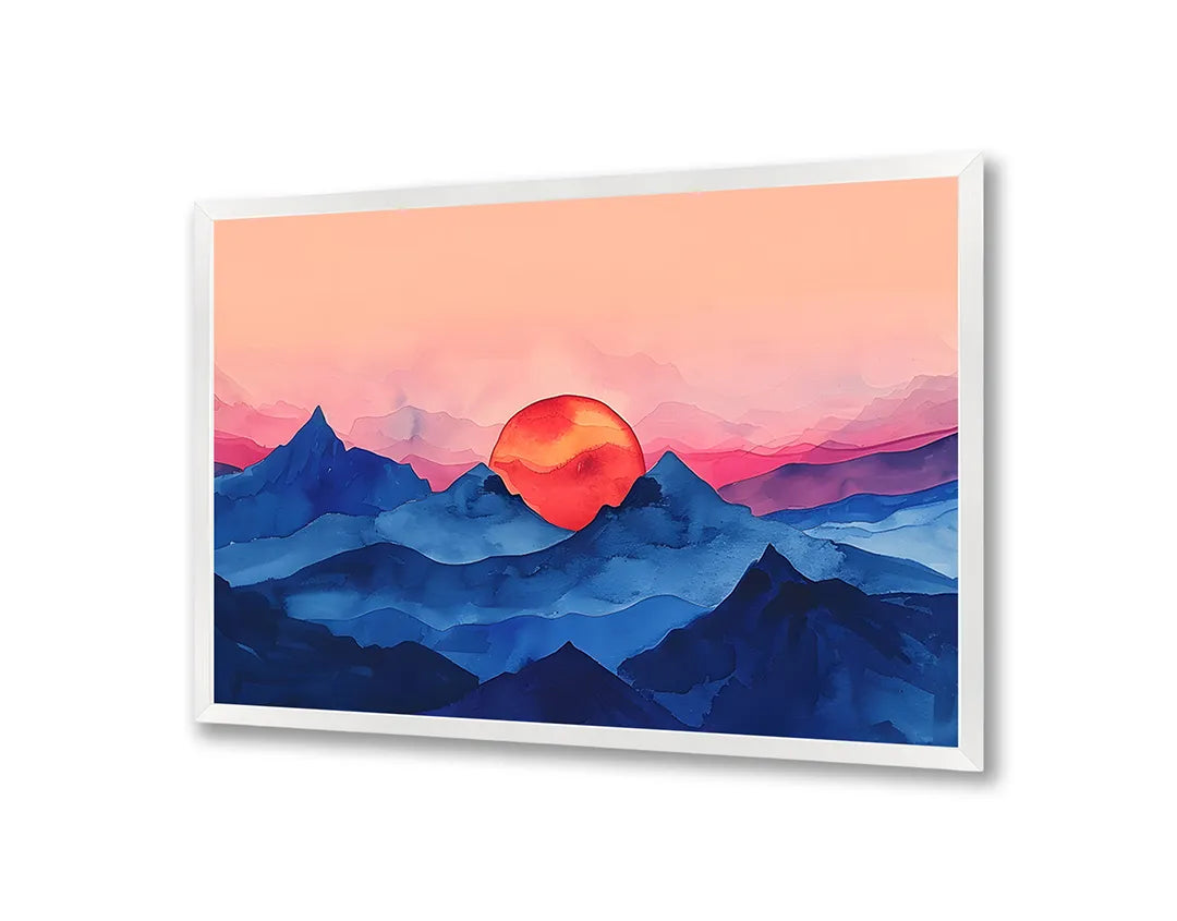 Metalen Magneetbord met hoogwaardige afbeelding van Rode zon over blauwe bergen voor aan de muur