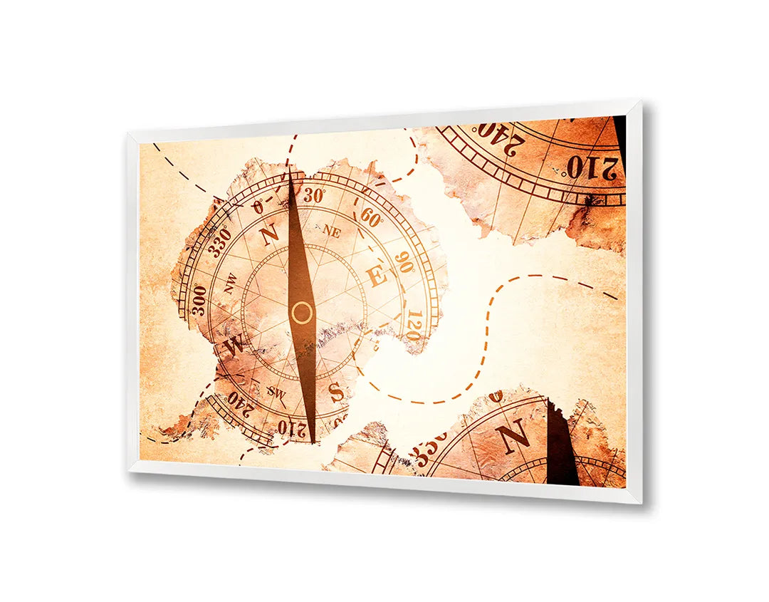 Metalen Magneetbord met afbeelding van antiek kompas met landkaart in warm sepia kleuren
