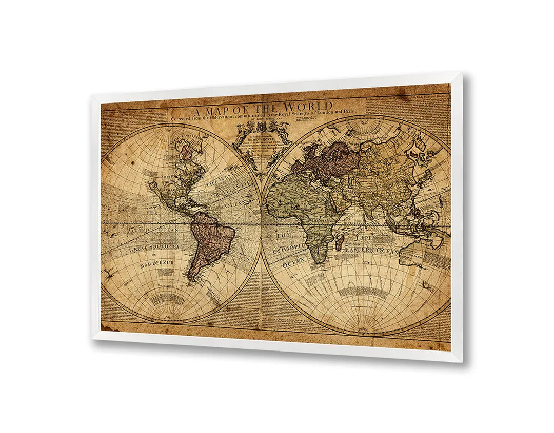 Metalen Magneetbord met afbeelding van donkere vintage wereldkaart in diep bruin kleuren