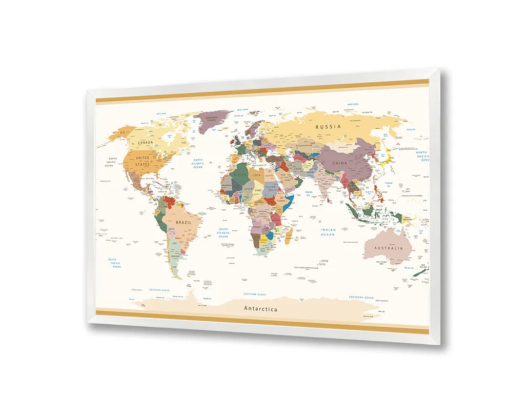 Metalen Magneetbord met afbeelding van wereldkaart met pastel landen in zachte pastelkleuren kleuren