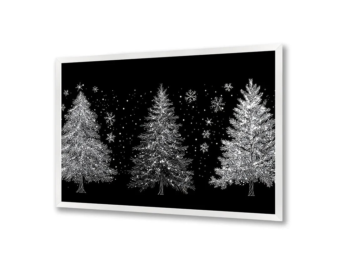 Metalen Magneetbord met hoogwaardige afbeelding van Drie witte kerstbomen zwart voor aan de muur