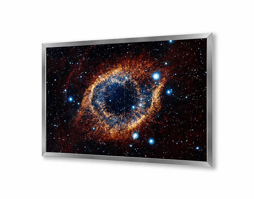Metalen Magneetbord met afbeelding van ruimte nevel en sterrenstelsel in diep ruimte blauw en oranje kleuren