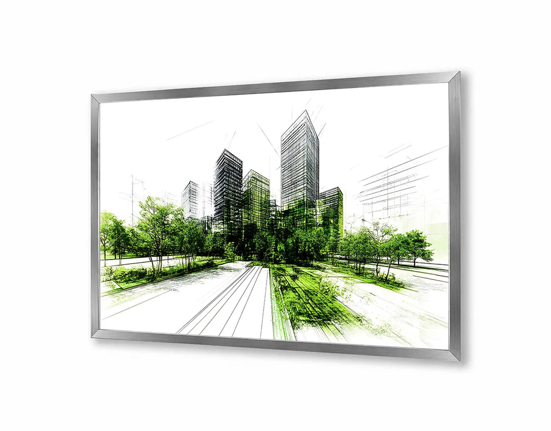 Metalen Magneetbord met hoogwaardige afbeelding van Schets stad groen accent voor aan de muur
