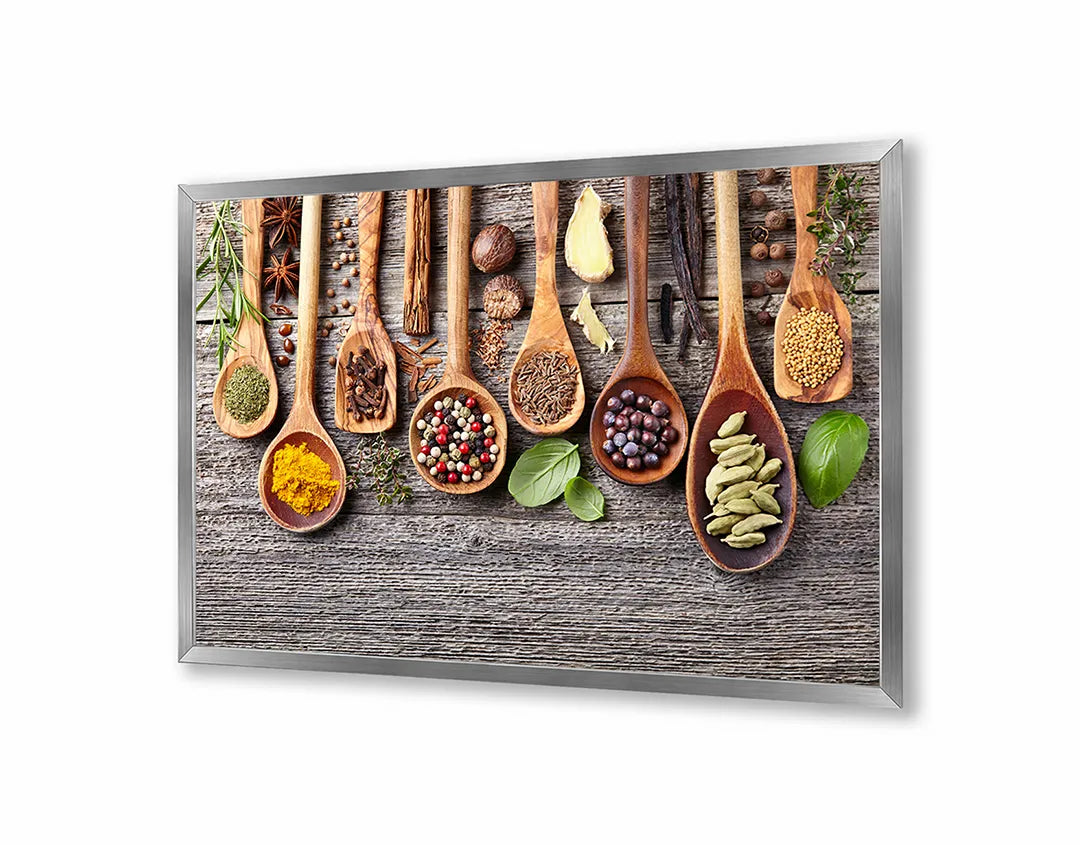 Metalen Magneetbord met afbeelding van rustieke lepels met specerijen in natuurlijk hout kleuren