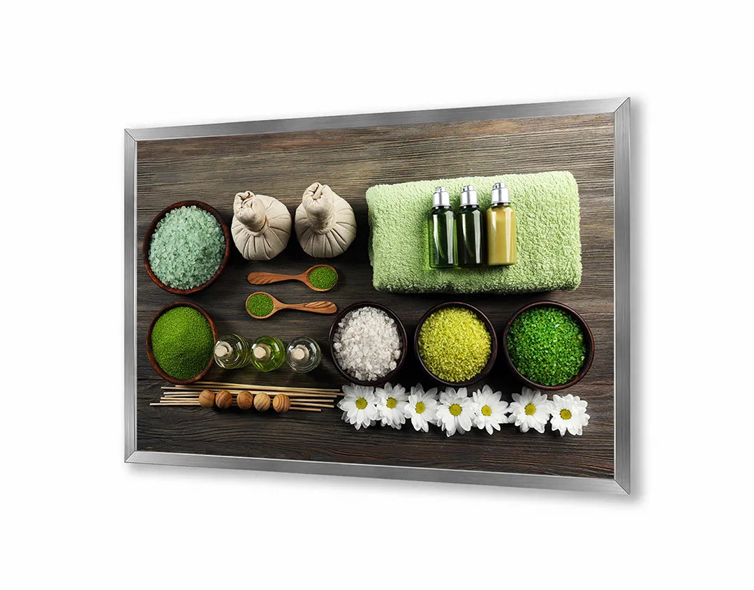 Metalen Magneetbord met afbeelding van spa setting met groene handdoeken en zout in fris groen kleuren