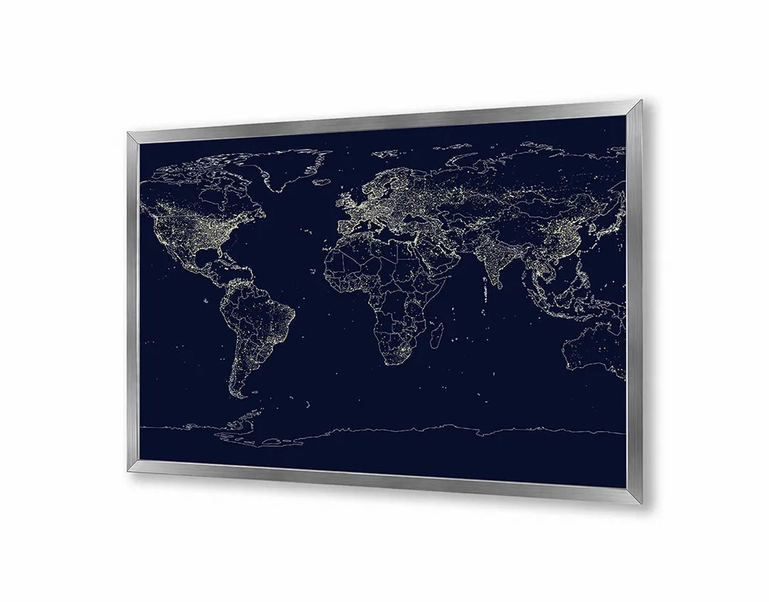 Metalen Magneetbord met afbeelding van lichtgevende wereldkaart netwerk in neon blauw op zwart kleuren
