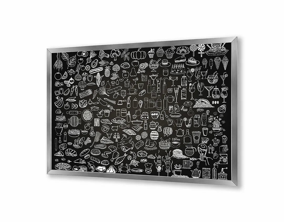 Metalen Magneetbord met afbeelding van krijtbord doodles van eten en drinken in zwart en wit kleuren