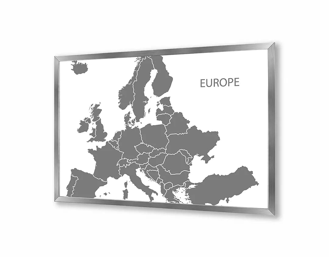 Metalen Magneetbord met afbeelding van grijze Europa landkaart in lichtgrijs kleuren