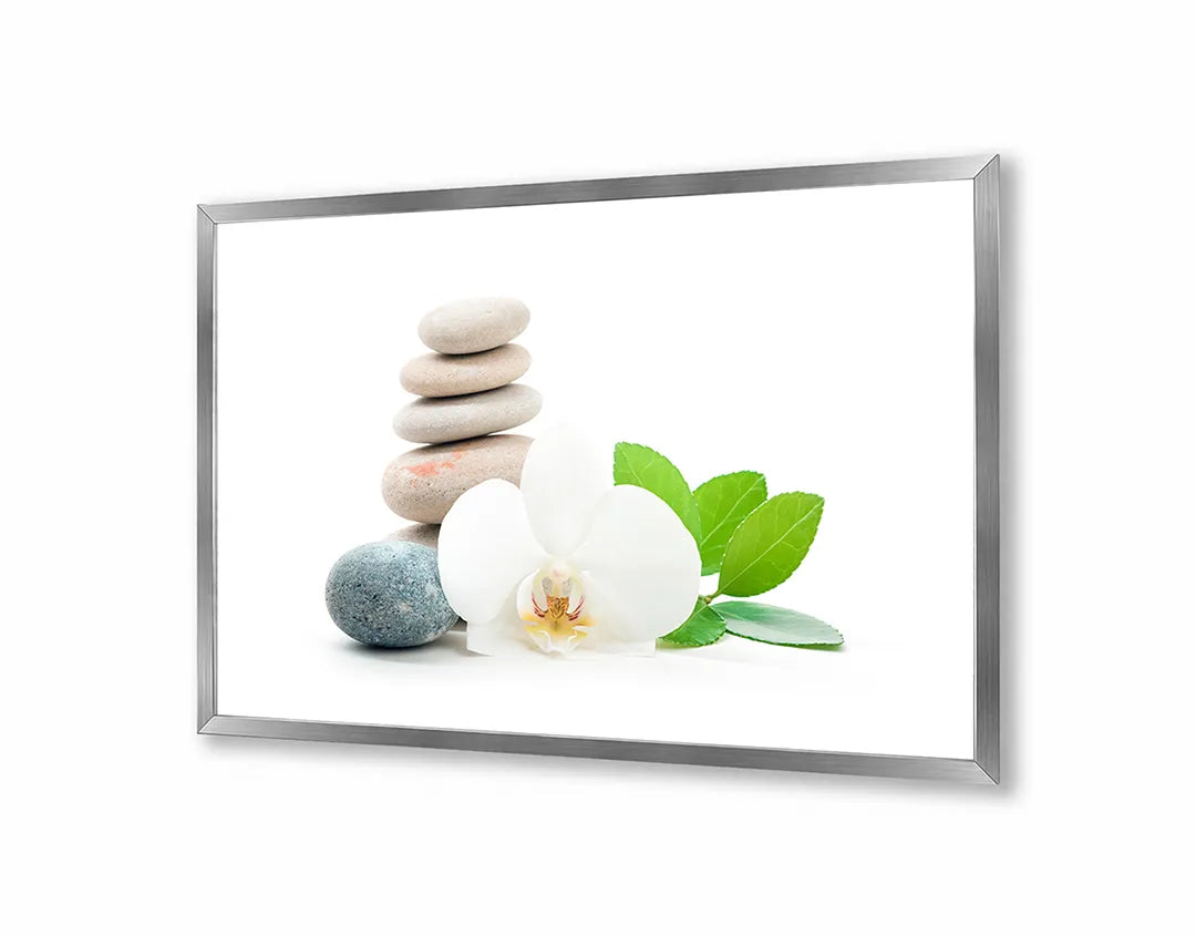 Metalen Magneetbord met afbeelding van zen stenen met orchidee en blad in wit en fris groen kleuren