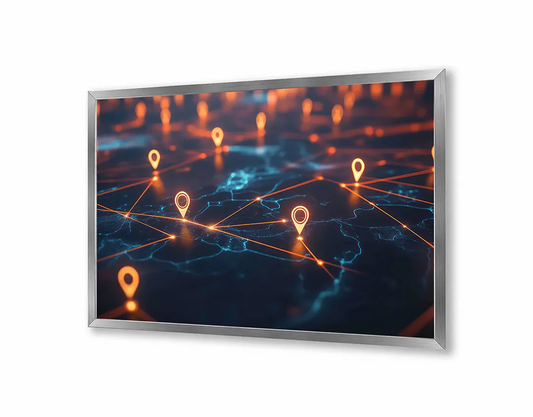 Metalen Magneetbord met hoogwaardige afbeelding van Digitale wereldkaart lichtjes voor aan de muur