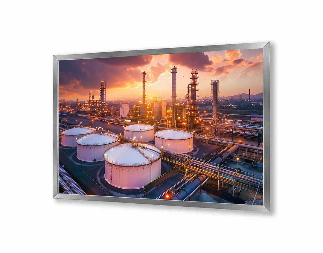 Metalen Magneetbord met hoogwaardige afbeelding van Olieraffinaderij industrie zonsondergang voor aan de muur