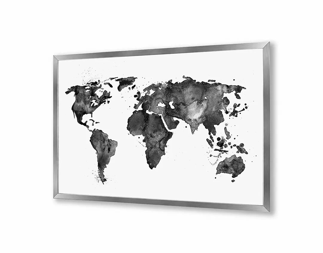 Metalen Magneetbord met afbeelding van wereldkaart in aquarel zwart-wit in zwart-wit kleuren