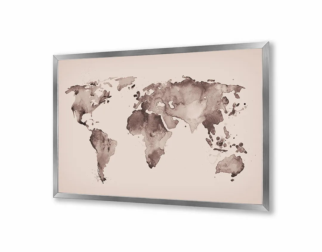 Metalen Magneetbord met afbeelding van roze getinte vintage wereldkaart in zacht roze en bruin kleuren