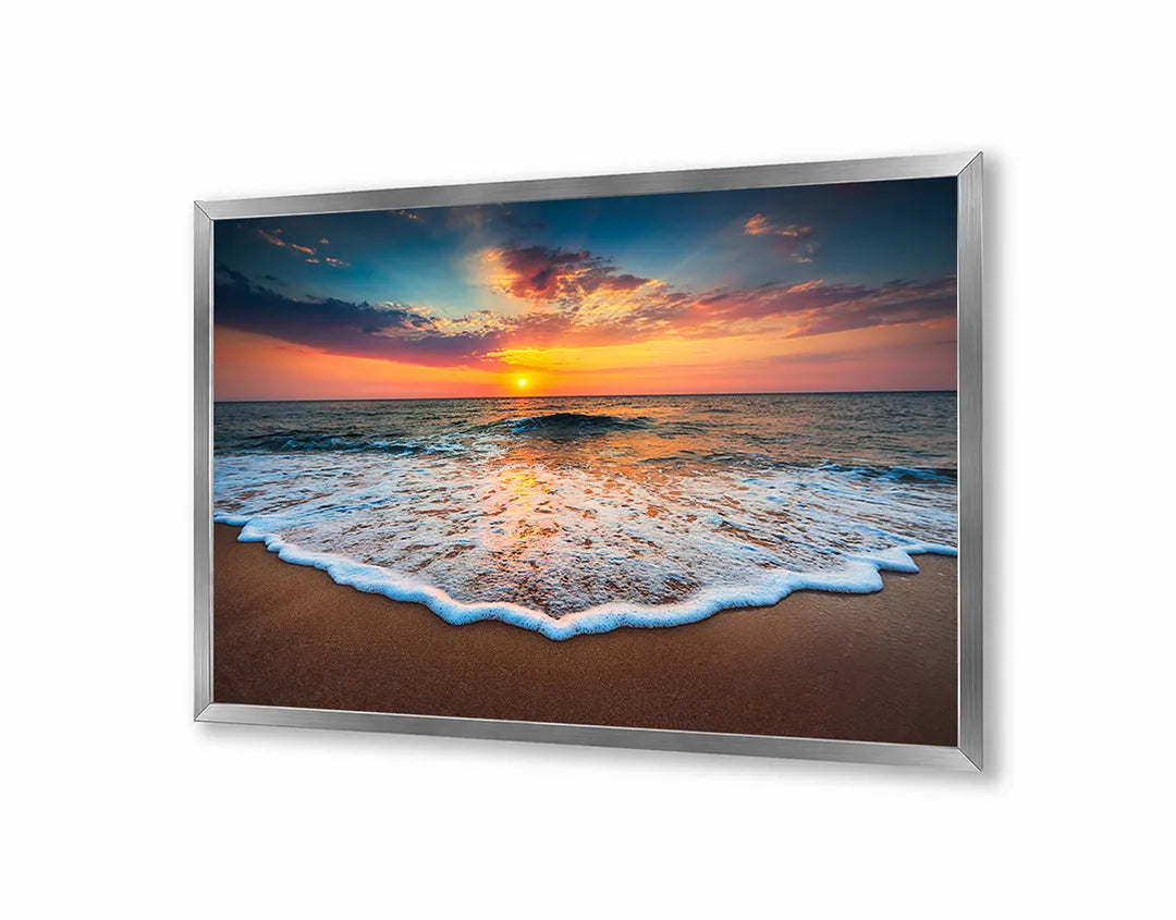 Metalen Magneetbord met afbeelding van zonsondergang over golvend strand in warm oranje en blauw kleuren