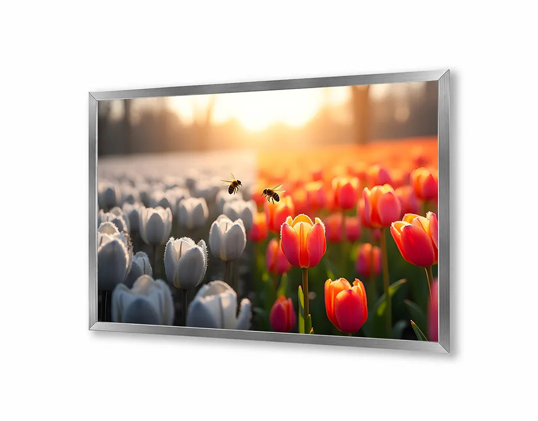 Metalen Magneetbord met hoogwaardige afbeelding van Tulpenveld wit rood zonsondergang voor aan de muur