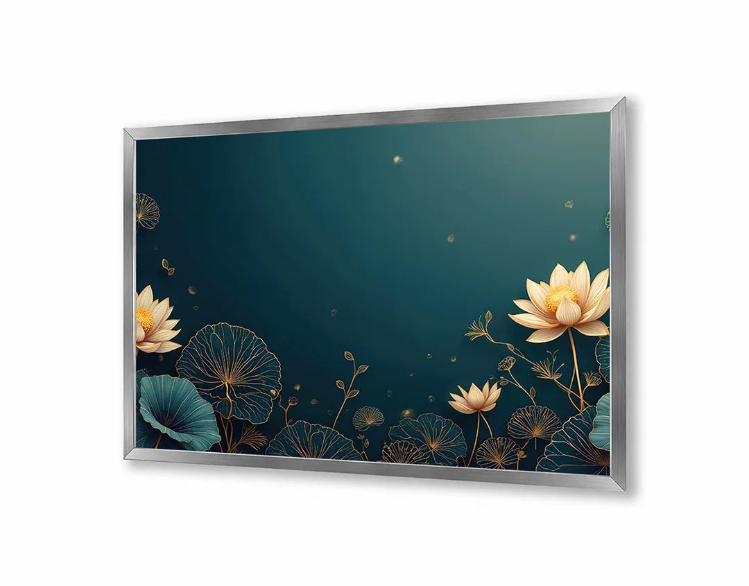 Metalen Magneetbord met hoogwaardige afbeelding van Gouden lotusbloemen blauw voor aan de muur