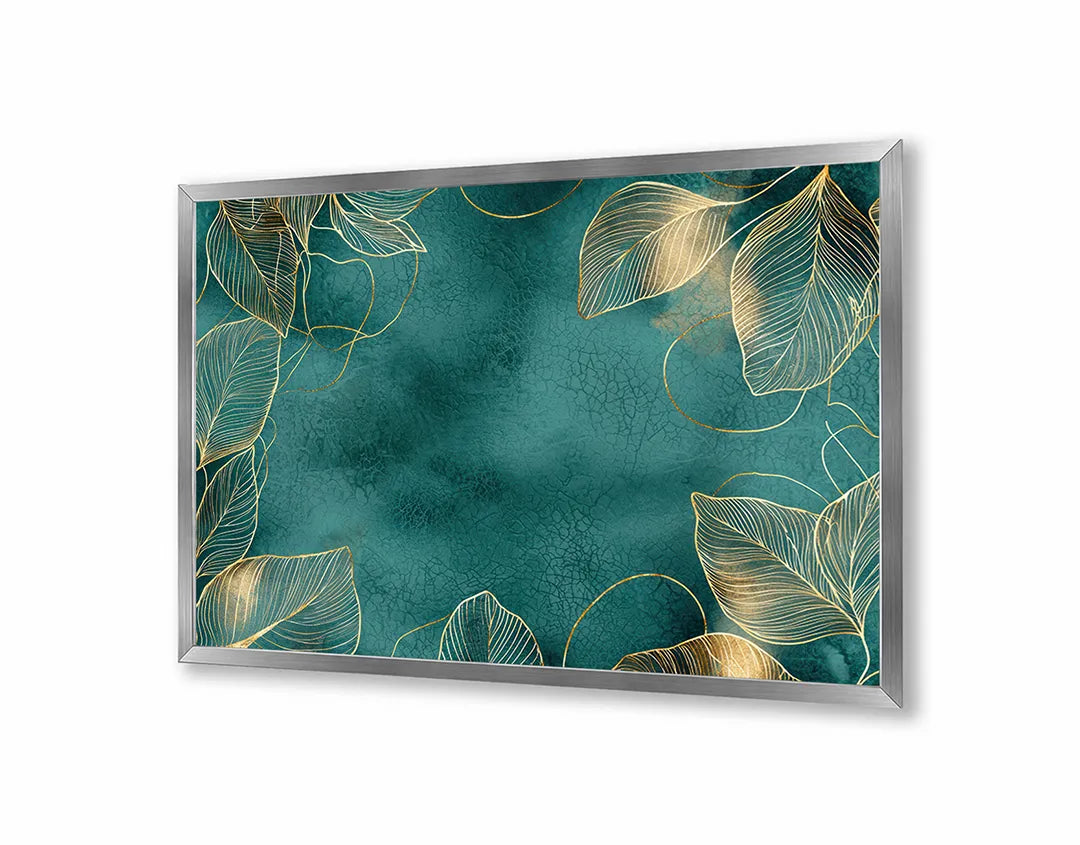 Metalen Magneetbord met hoogwaardige afbeelding van Gouden bladeren op donkergroen voor aan de muur