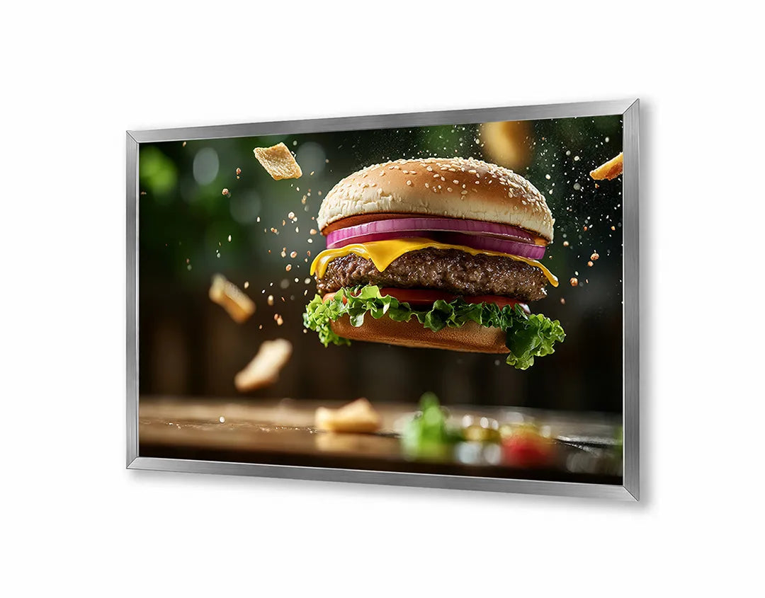 Metalen Magneetbord met hoogwaardige afbeelding van Vliegende hamburger ingredienten voor aan de muur