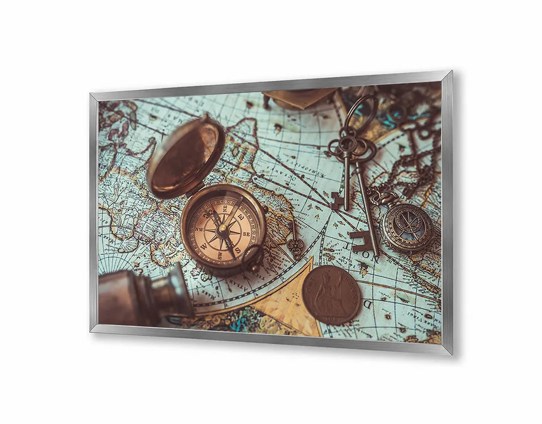 Metalen Magneetbord met afbeelding van vintage wereldkaart met oude kompassen in klassiek sepia kleuren