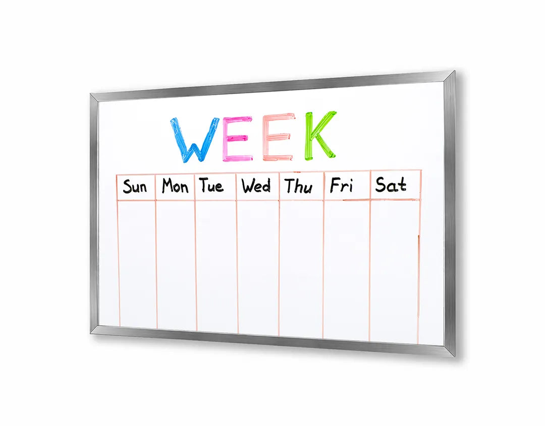 Metalen Magneetbord met afbeelding van kleurrijke weekplanner in regenboog accenten op wit kleuren