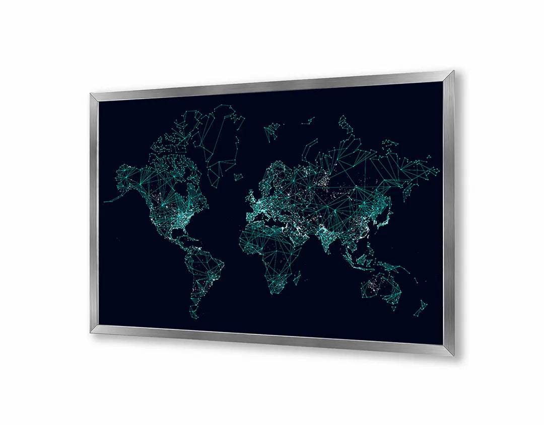 Metalen Magneetbord met afbeelding van blauwe lichtgevende wereldkaart stippen in donker met neon blauw kleuren