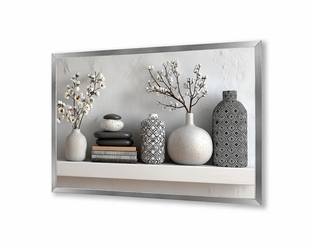 Metalen Magneetbord met hoogwaardige afbeelding van Vazen met planten op plank interieur voor aan de muur