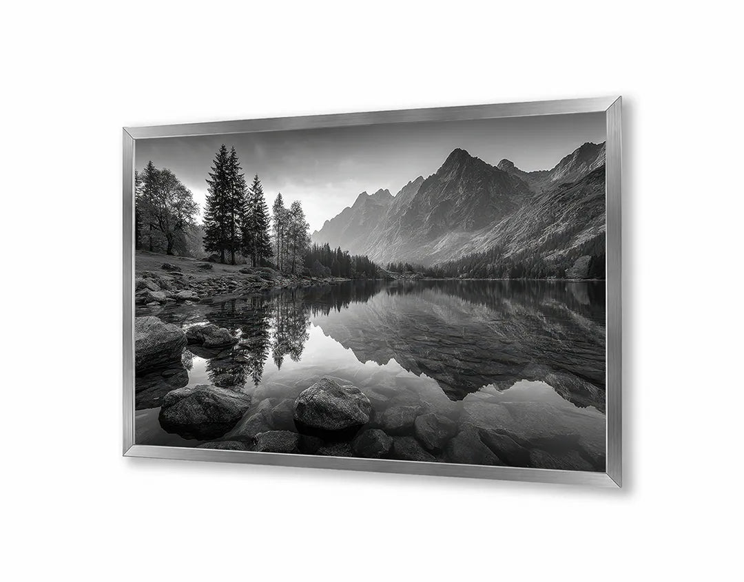 Metalen Magneetbord met hoogwaardige afbeelding van Bergmeer weerspiegeling zwart wit voor aan de muur