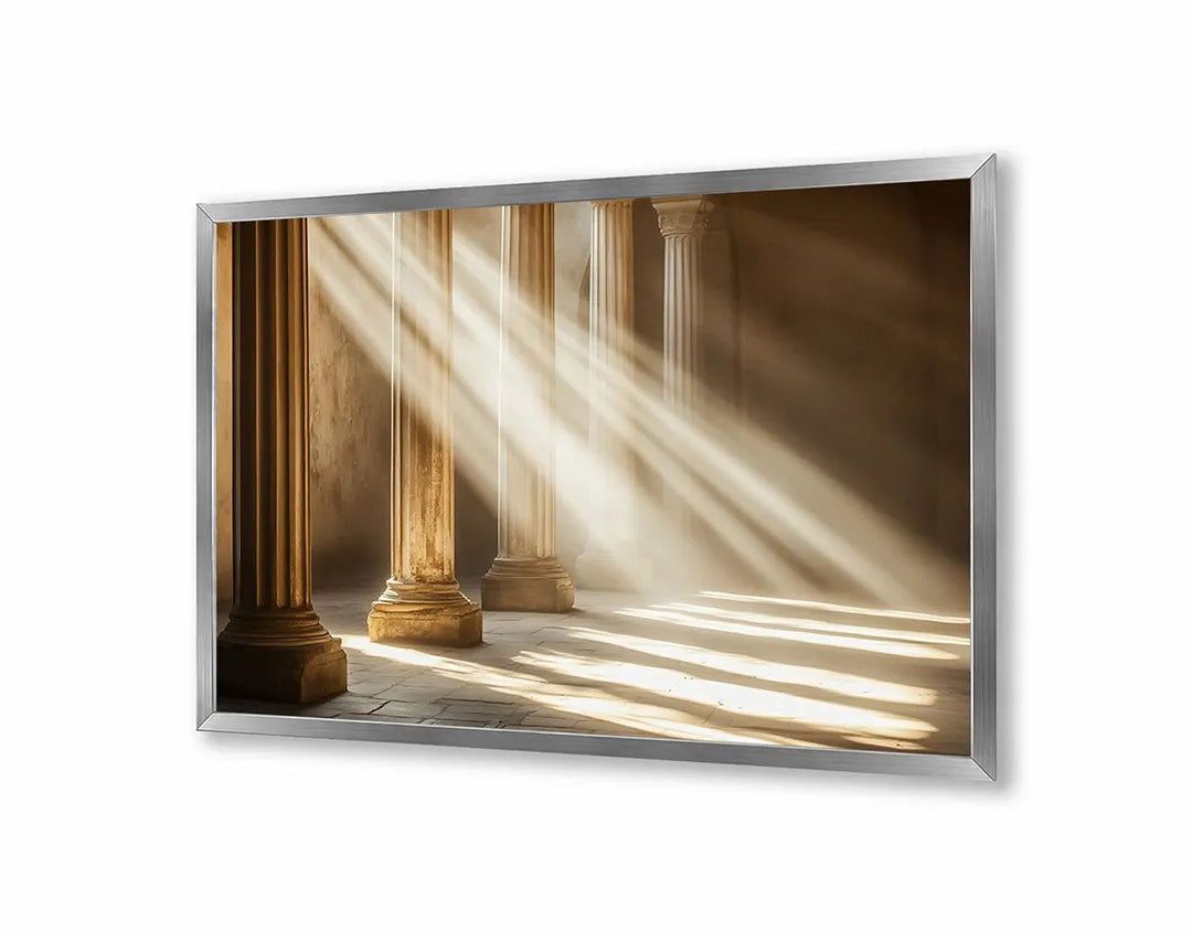 Metalen Magneetbord met hoogwaardige afbeelding van Zonnestralen door pilaren voor aan de muur